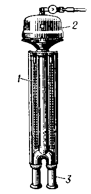 Внешний вид аспирационного психрометра: 1— термометры; 2 — аспиратор; 3 — трубки, защищающие резервуары термометров.
