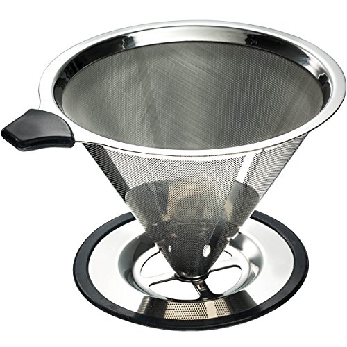 Stainless Steel Pour Over Coffee Cone Dripper with Cup Stand - Paperless and Reusable - Ultra Fine Micro Mesh Filter - BONUS: Coffee Scooping Spoon + Cleaning Brush - [1-4 Cup]