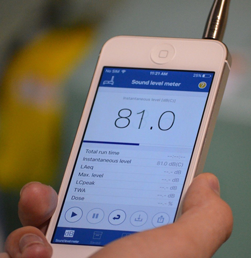 iPhone displaying the NIOSH Sound Level Meter app. 